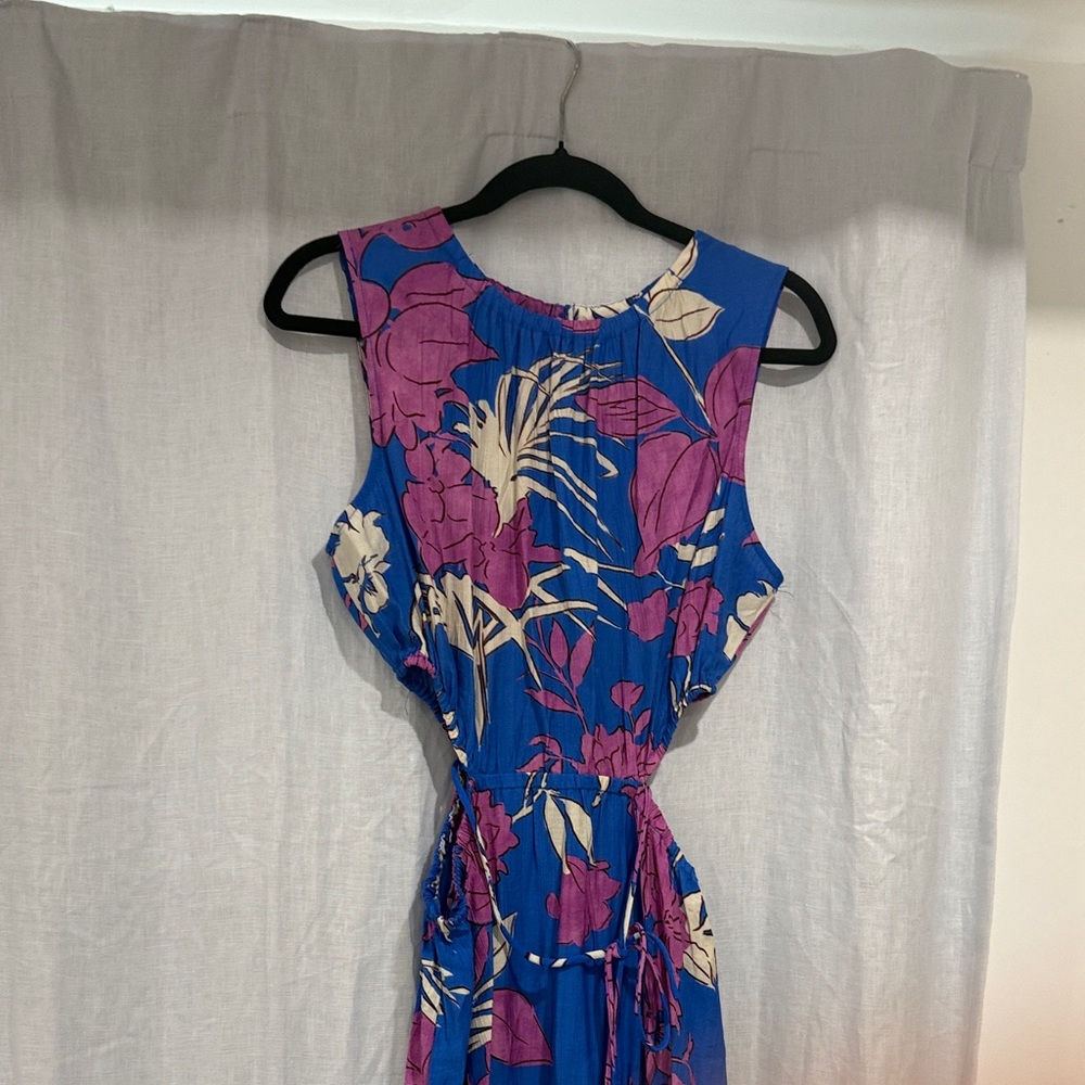 Mango Blue and Purple Floral Side cutout Dress NWOT. Size Large
